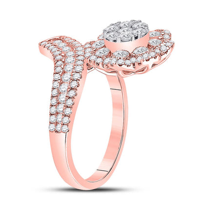 14k Rose Gold Round Diamond Bypass Flower Cluster Ring 1-1/2 Cttw