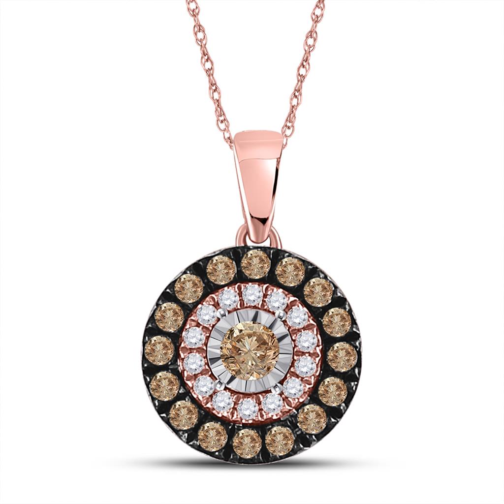 14k Rose Gold Round Brown Diamond Halo Solitaire Pendant 3/8 Ctw