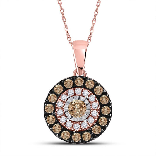 14k Rose Gold Round Brown Diamond Halo Solitaire Pendant 3/8 Ctw