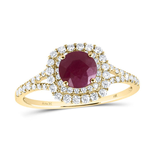 14k Yellow Gold Round Ruby Halo Bridal Engagement Ring 1-3/8 Cttw