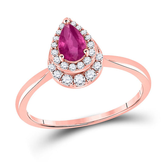 14k Rose Gold Pear Ruby Teardrop Halo Solitaire Ring 3/4 Cttw