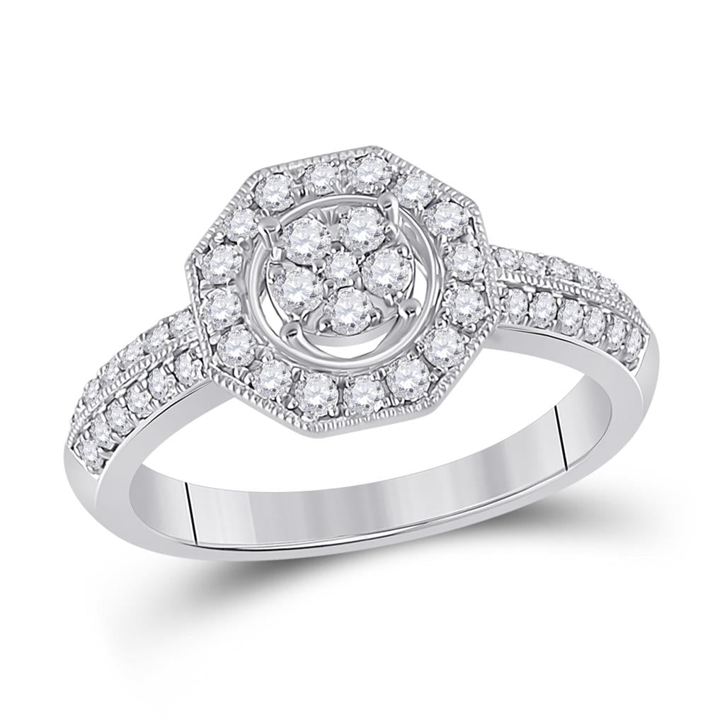 14k White Gold Round Diamond Fashion Flower Cluster Ring 1/2 Ctw