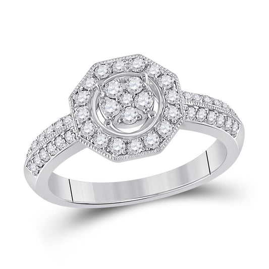 14k White Gold Round Diamond Fashion Flower Cluster Ring 1/2 Ctw