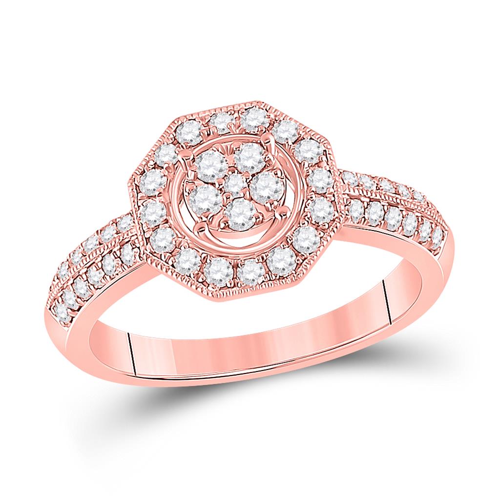 14k Rose Gold Round Diamond Fashion Flower Cluster Ring 1/2 Ctw