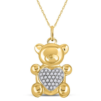 10k Yellow Gold Round Diamond Bear Heart Animal Pendant 1/10 Cttw