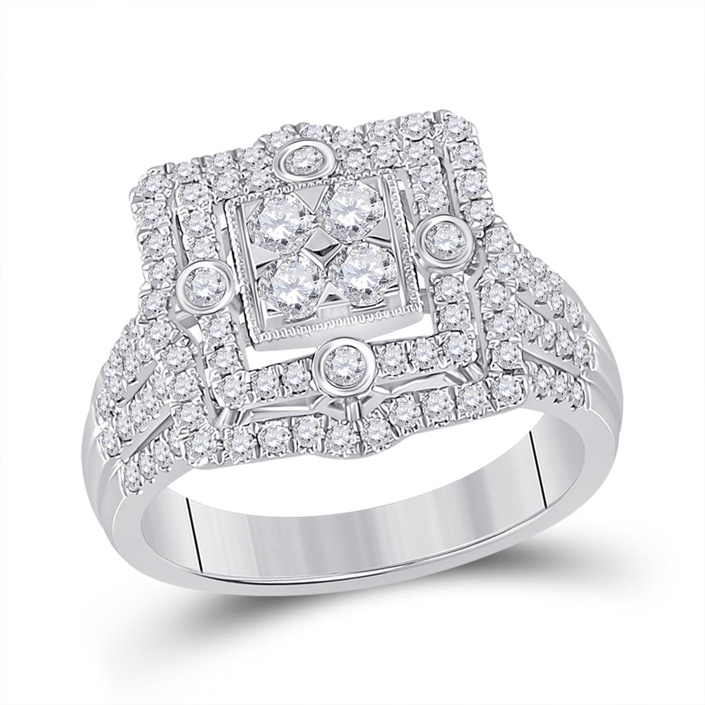 14k White Gold Round Diamond Square Halo Cluster Ring 1 Cttw