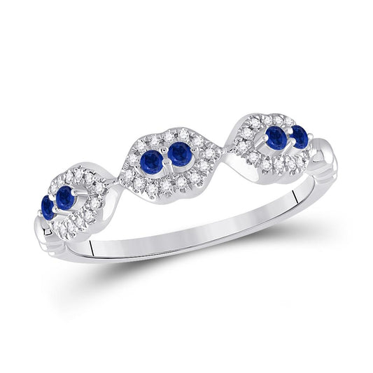14k White Gold Round Blue Sapphire Diamond Band Ring 1/4 Cttw
