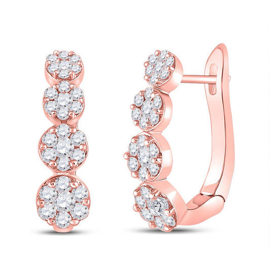 14k Rose Gold Round Diamond Flower Cluster Hoop Earrings 1-1/4 Cttw