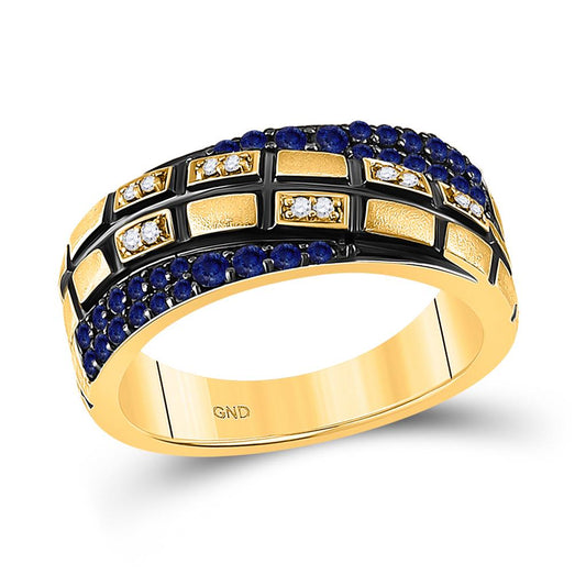 14k Yellow Gold Round Blue Sapphire Diamond Band Ring 5/8 Cttw