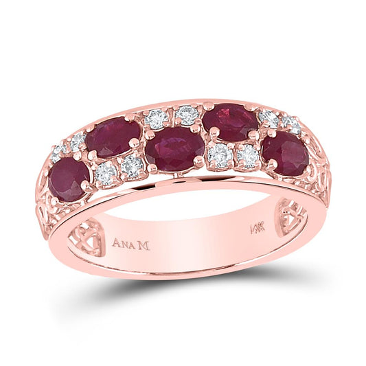 14k Rose Gold Oval Ruby Diamond Alternating Band Ring 1-1/5 Cttw