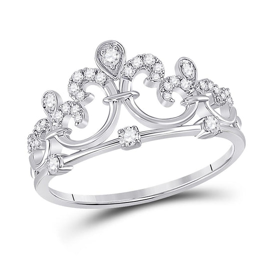 14k White Gold Round Diamond Fleur Crown Tiara Fashion Ring 1/5 Cttw