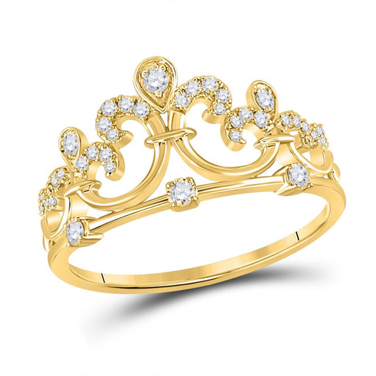 10k Yellow Gold Round Diamond Filigree Crown Fashion Ring 1/5 Ctw