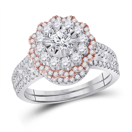 14k Two-tone Gold Round Diamond Halo Bridal Wedding Ring Set 1-1/3 Cttw (Certified)