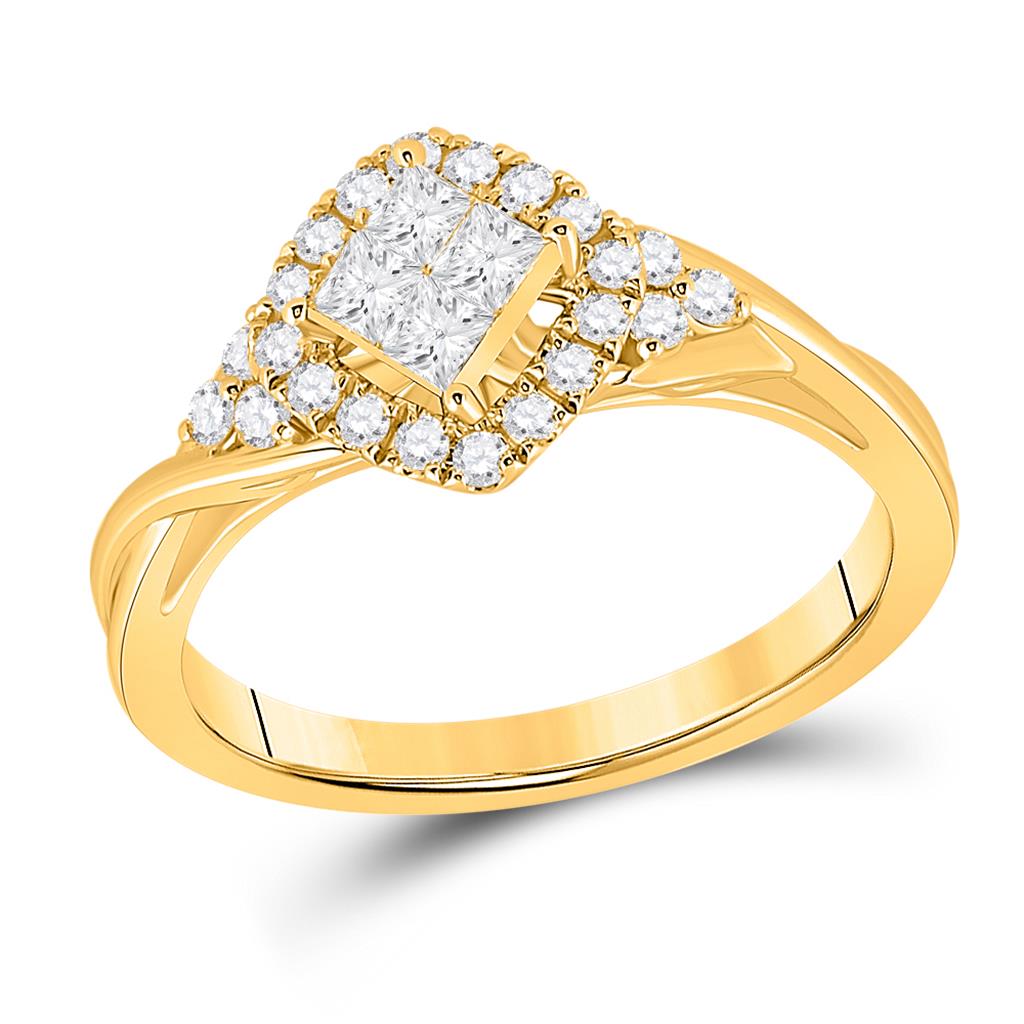 14k Yellow Gold Princess Diamond Offset Square Halo Ring 1/2 Cttw