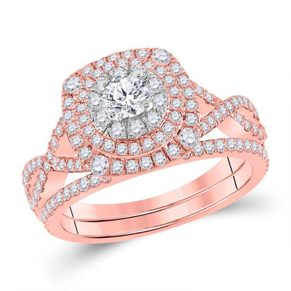 14k Two-tone Gold Round Diamond Halo Bridal Wedding Ring Set 1-1/3 Cttw (Certified)