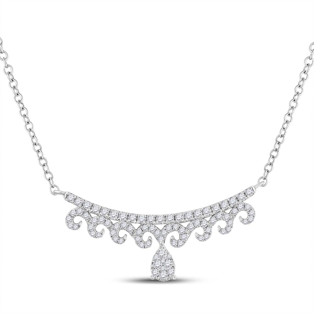 14k White Gold Round Diamond Teardrop Curved Bar Necklace 1/2 Ctw
