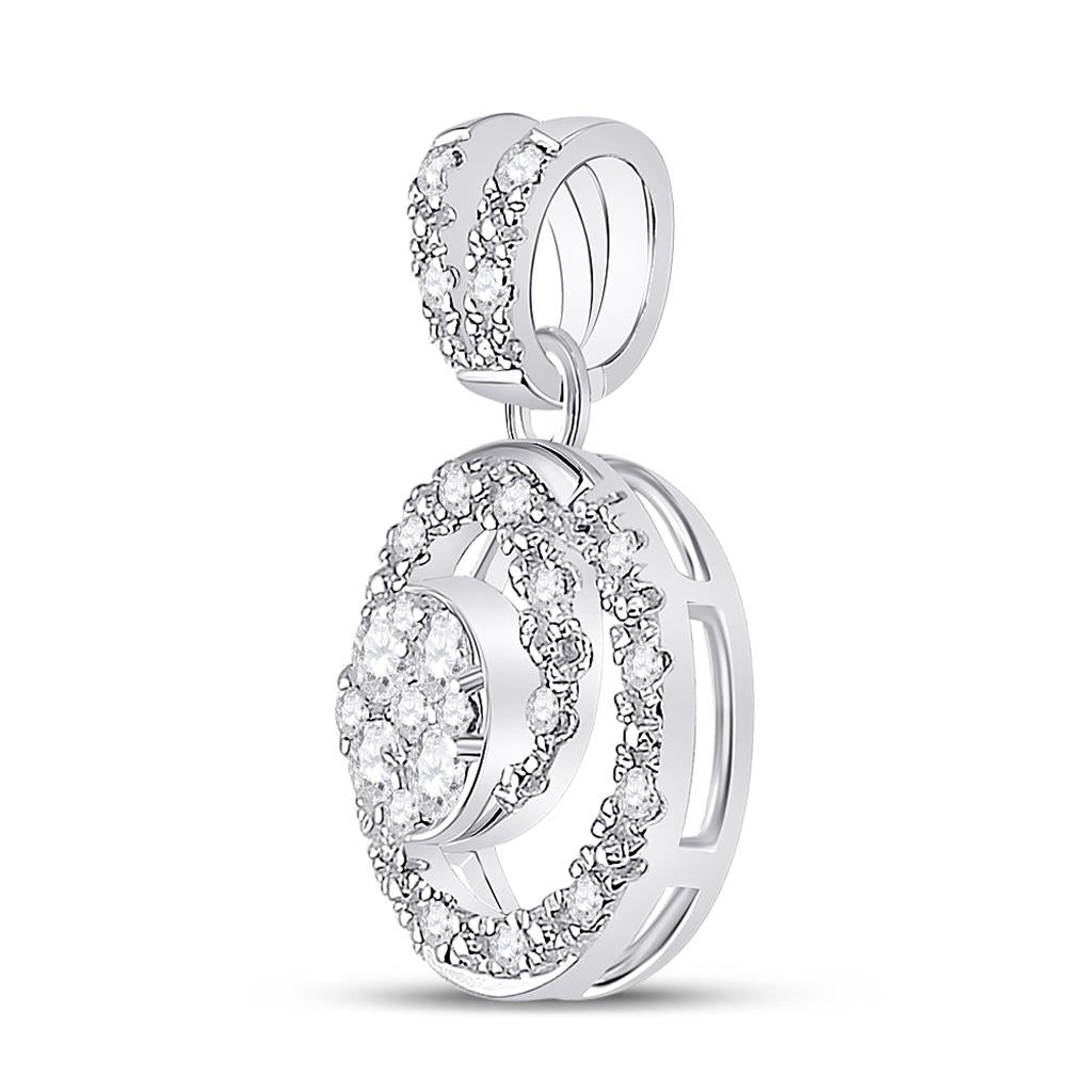 14k White Gold Round Diamond Circle Swirl Cluster Pendant 1/5 Cttw