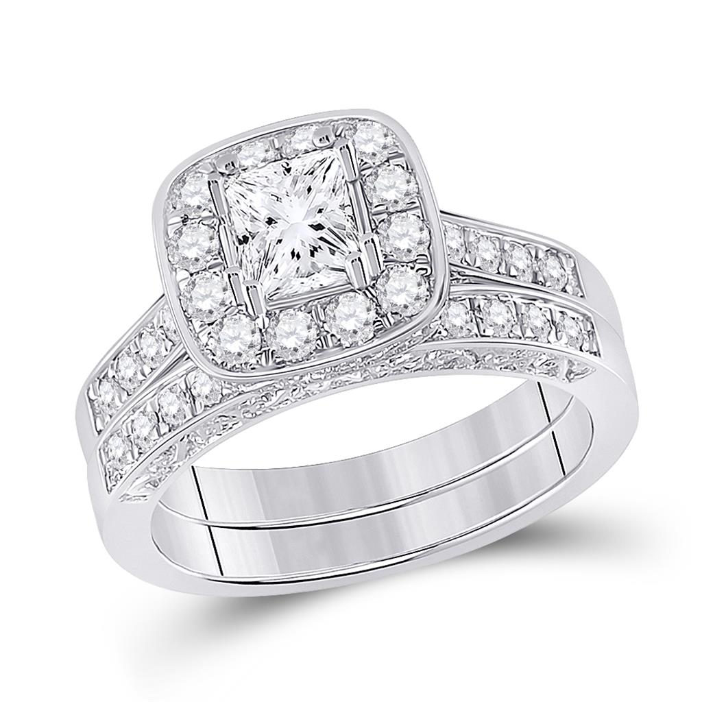 14k White Gold Princess Diamond Bridal Wedding Ring Set 1-5/8 Cttw (Certified)