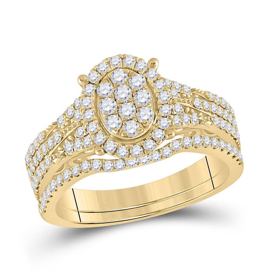 14k Yellow Gold Round Diamond Cluster Bridal Wedding Ring Set 7/8 Cttw