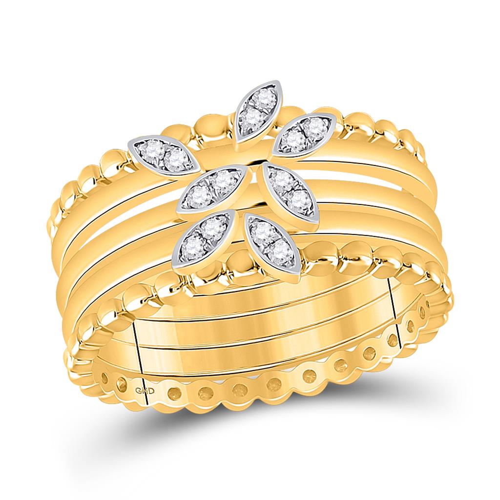 14k Yellow Gold Round Diamond 5-Piece Leaf Stackable Band Ring Set 1/10 Cttw