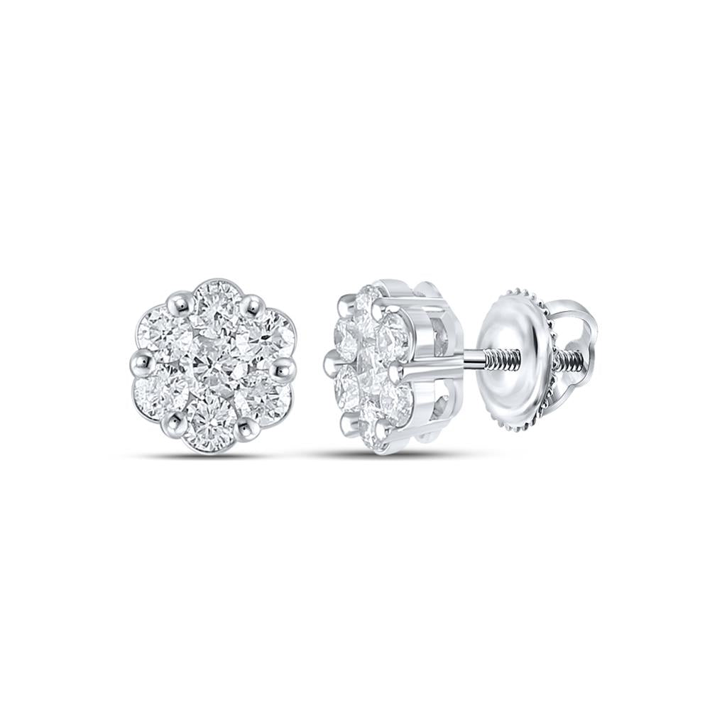 14k White Gold Round Diamond Flower Cluster Earrings 3/4 Cttw