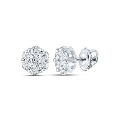 14k White Gold Round Diamond Flower Cluster Earrings 3/4 Cttw