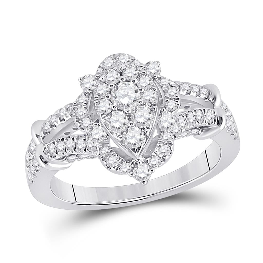 14k White Gold Round Diamond Marquise-shape Cluster Ring 1 Cttw
