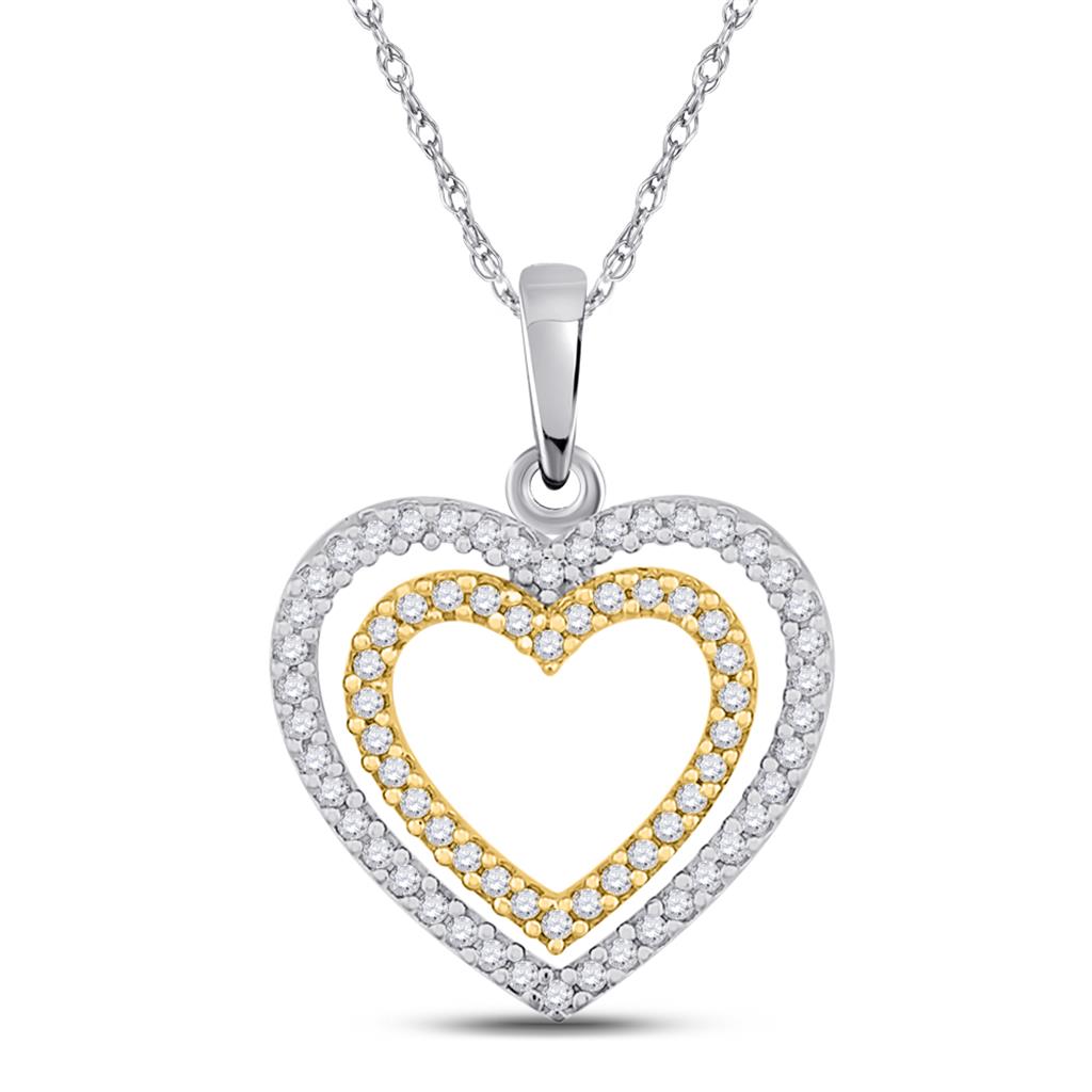 10k Two-tone Gold Round Diamond Double Heart Pendant 1/4 Cttw