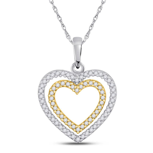 10k Two-tone Gold Round Diamond Double Heart Pendant 1/4 Cttw