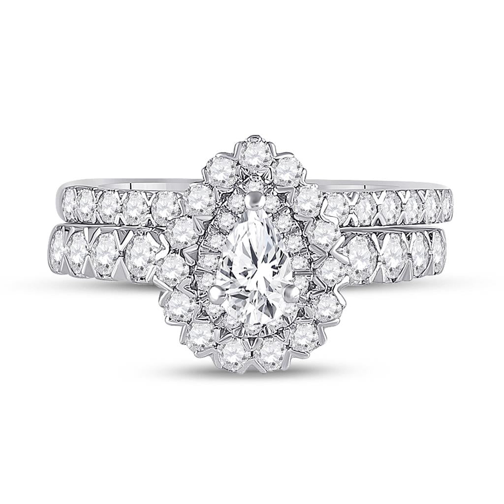 14k White Gold Pear Diamond Solitaire Bridal Wedding Ring Set 1-1/2 Cttw (Certified)