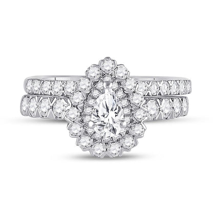 14k White Gold Pear Diamond Solitaire Bridal Wedding Ring Set 1-1/2 Cttw (Certified)