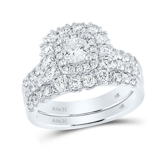 14k White Gold Cushion Diamond Bridal Wedding Ring Set 1-7/8 Cttw (Certified)