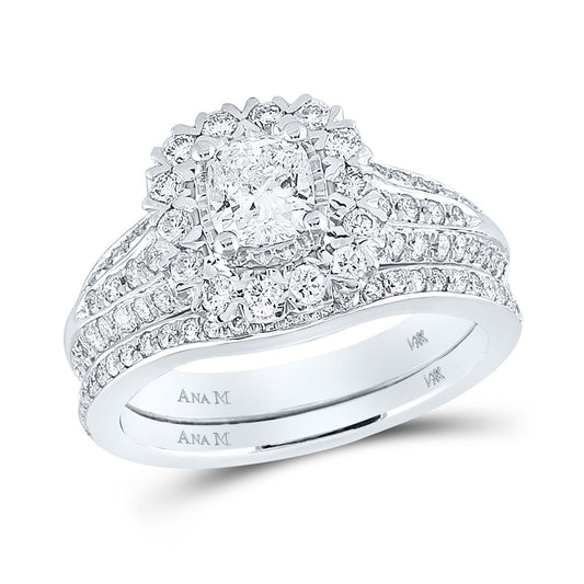14k White Gold Cushion Diamond Bridal Wedding Ring Set 1-1/2 Cttw (Certified)