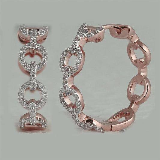 10k Rose Gold Round Diamond Cable Link Hoop Earrings 1/3 Cttw