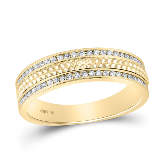 14k Yellow Gold Round Diamond Wedding Hammered Inlay Band Ring 1/3 Cttw