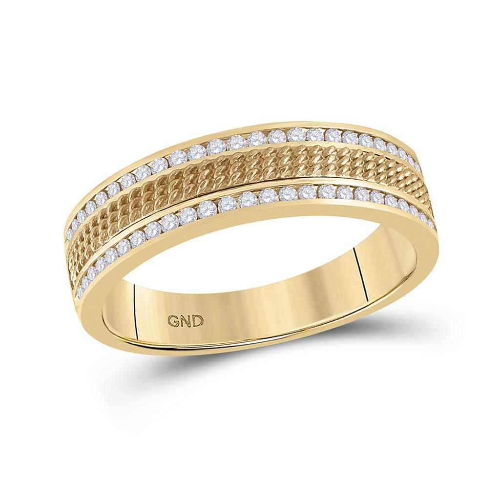 14k Yellow Gold Round Diamond Wedding Textured Band Ring 1/3 Cttw