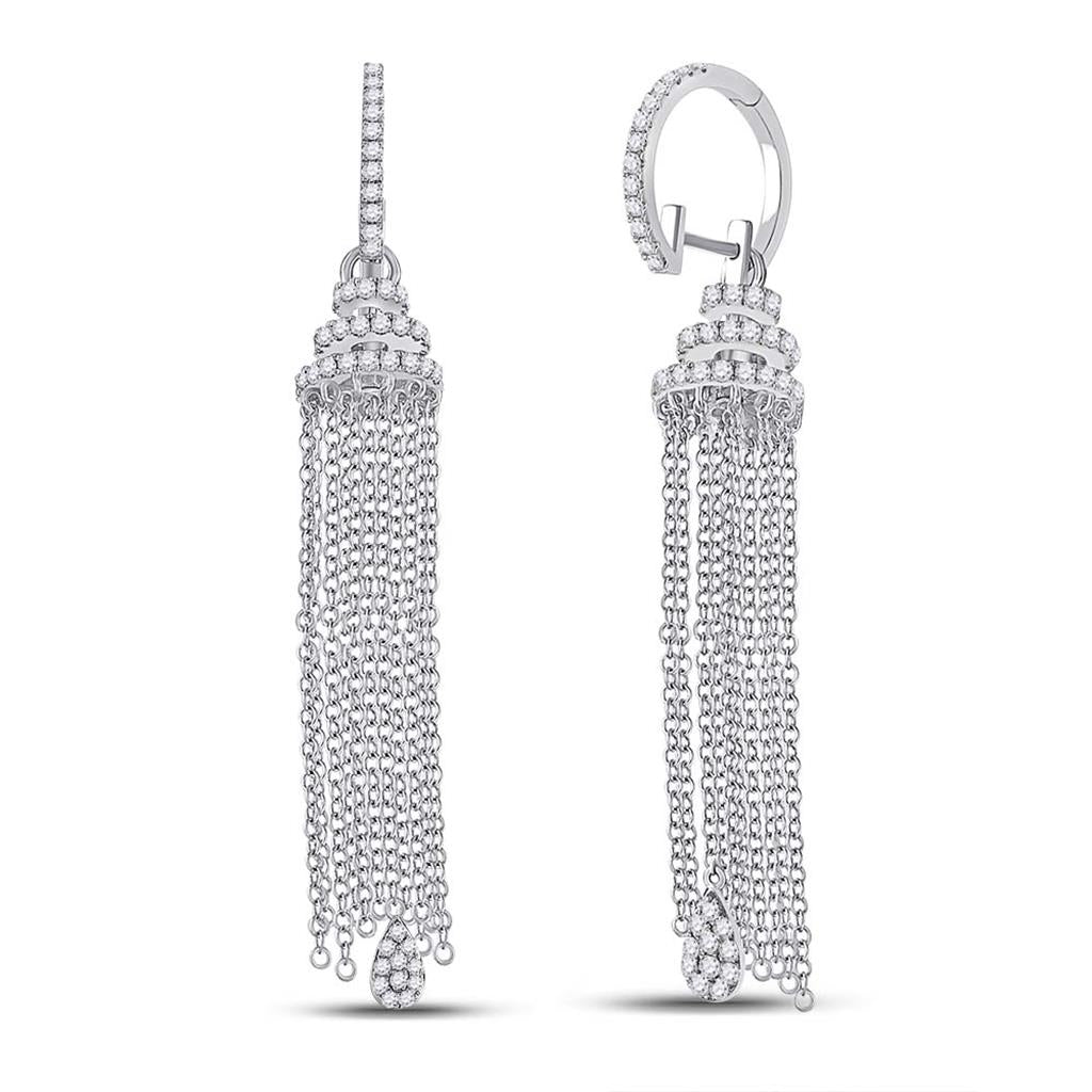14k White Gold Round Diamond Chain Teardrop Dangle Earrings 1-5/8 Cttw