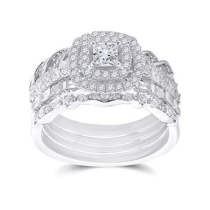 14k White Gold Princess Diamond Bridal Wedding Ring Set 1-1/3 Cttw (Certified)