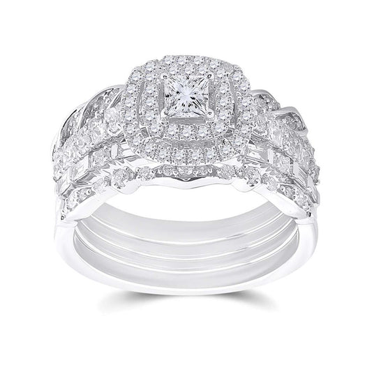 14k White Gold Princess Diamond Bridal Wedding Ring Set 1-1/3 Cttw (Certified)