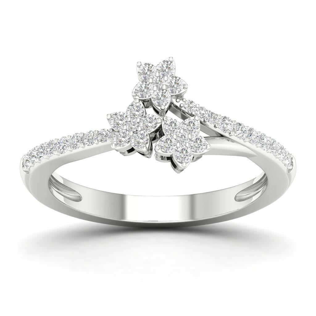 14k White Gold Round Diamond Flower Star Cluster Ring 1/4 Cttw