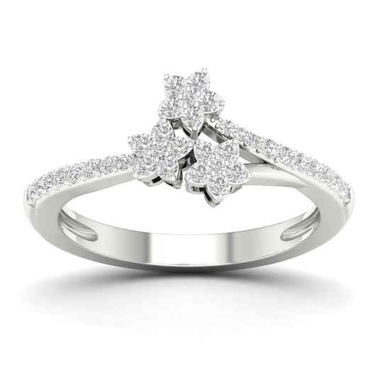 14k White Gold Round Diamond Flower Star Cluster Ring 1/4 Cttw