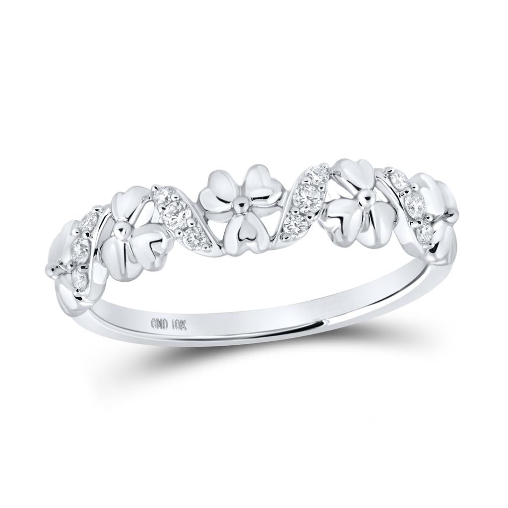14k White Gold Round Diamond Flower Band Ring 1/8 Cttw