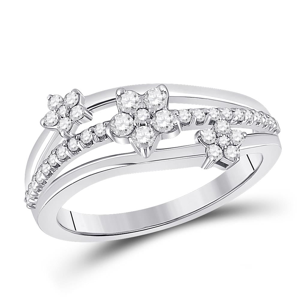 14k White Gold Round Diamond Flower Star Band Ring 1/3 Cttw
