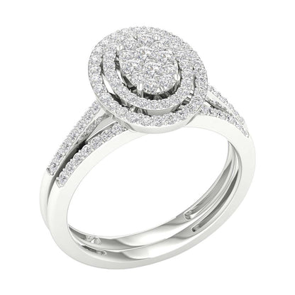 14k White Gold Round Diamond Oval Bridal Wedding Ring Set 1/2 Cttw