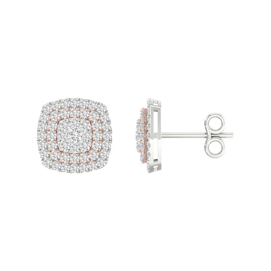 14k Two-tone Gold Round Diamond Square Cluster Earrings 1 Cttw
