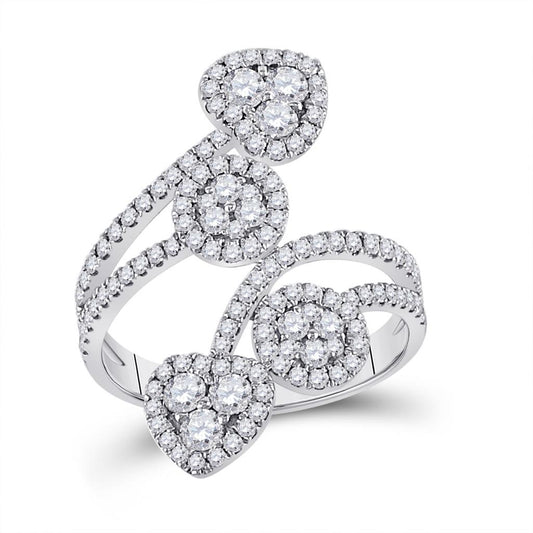 14k White Gold Round Diamond Bypass Cluster Heart Ring 1-1/4 Cttw