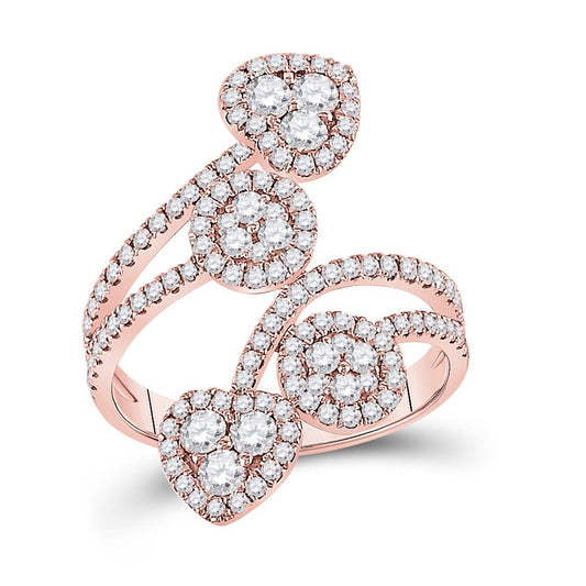 14k Rose Gold Round Diamond Bypass Cluster Heart Ring 1-1/4 Cttw