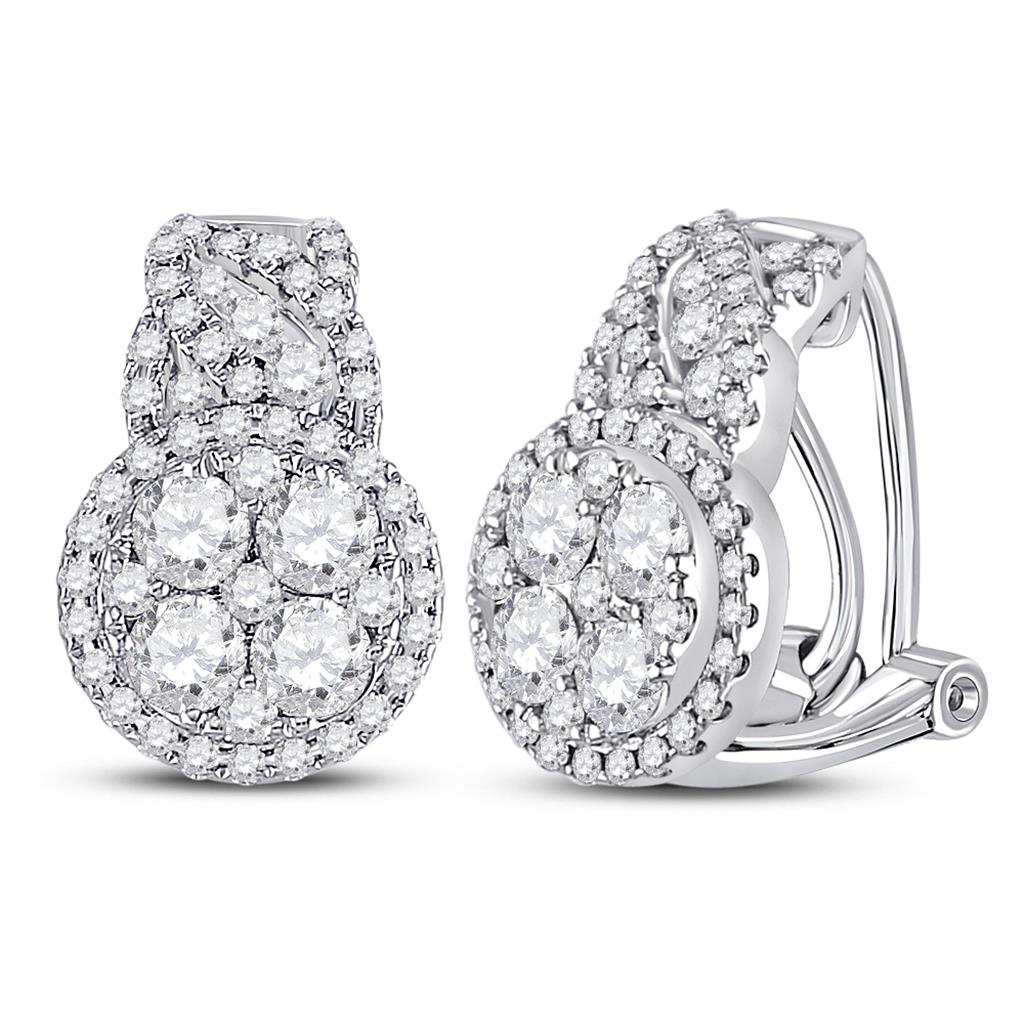14k White Gold Round Diamond French-clip Hoop Cluster Earrings 1-5/8 Cttw