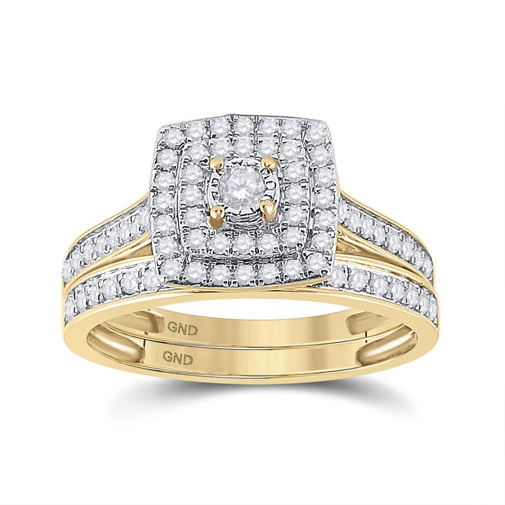10k Yellow Gold Round Diamond Halo Bridal Wedding Ring Set 1/2 Cttw
