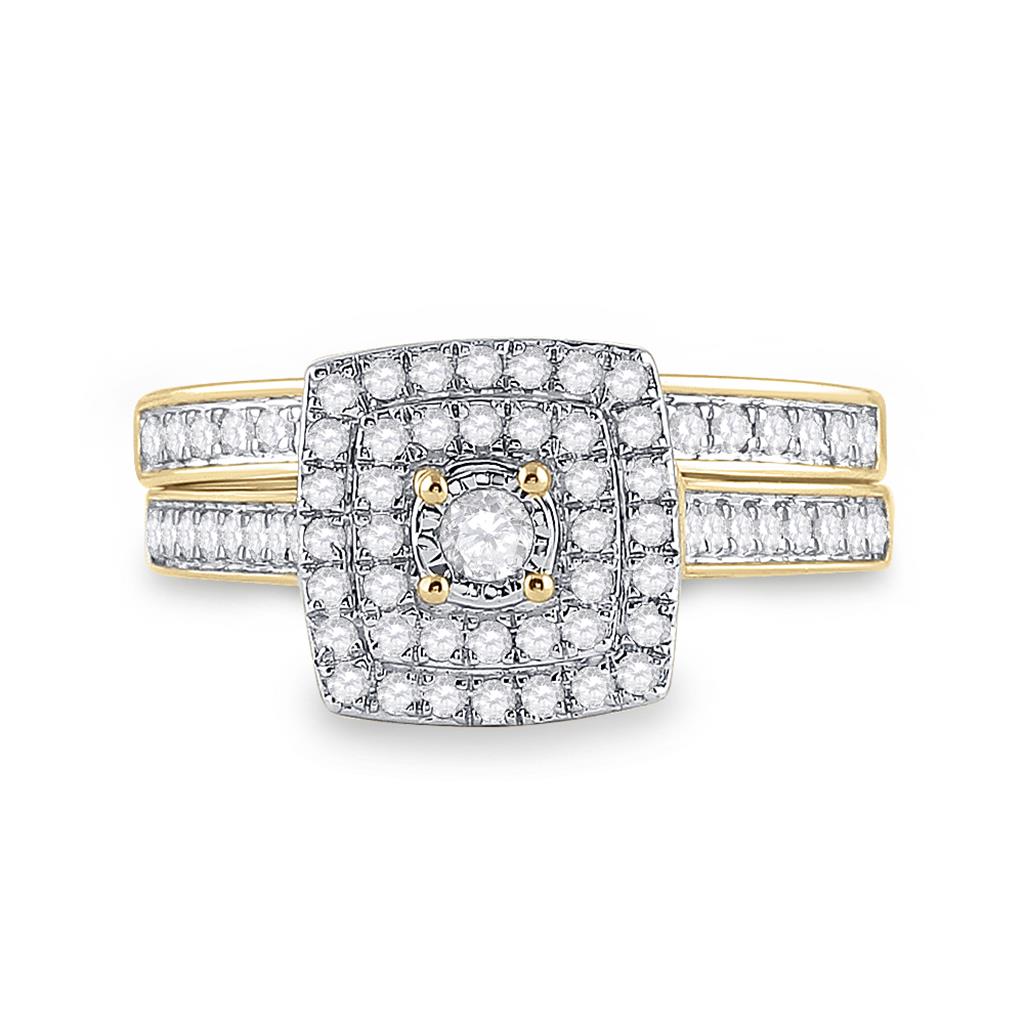 10k Yellow Gold Round Diamond Halo Bridal Wedding Ring Set 1/2 Cttw